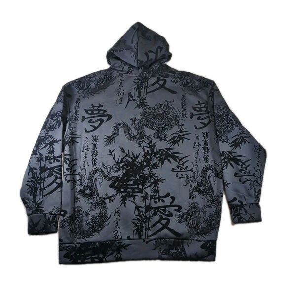 Saints Studio Men’s 3XL Black Pullover Hoodie Subdued Unique Asian Dragons Print - Picture 2 of 8